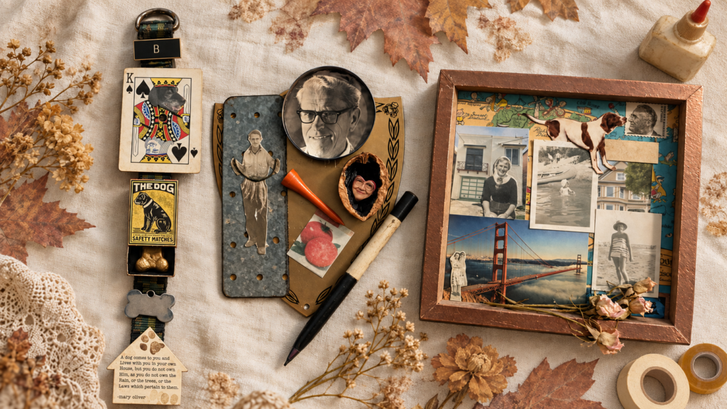Finished mixed media montage keepsakes made from vintage black-and-white photographs, matchboxes, a dog collar, dried flowers, and found objects, arranged on a cream cloth among autumn leaves.