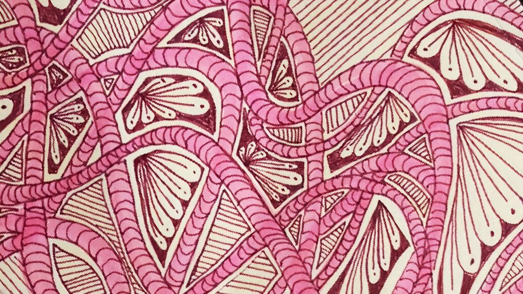 A close-up of a hand-drawn zen doodle in pink and magenta marker and pen: looping, segmented worm shapes weave between fan-shaped petal patterns and striped panels.